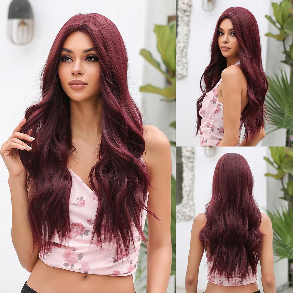 Esmee Long wavy Burgundian wig for women Natural synthetic hair Heat -resistant wigs for daily party cosplay wear burgundy red
