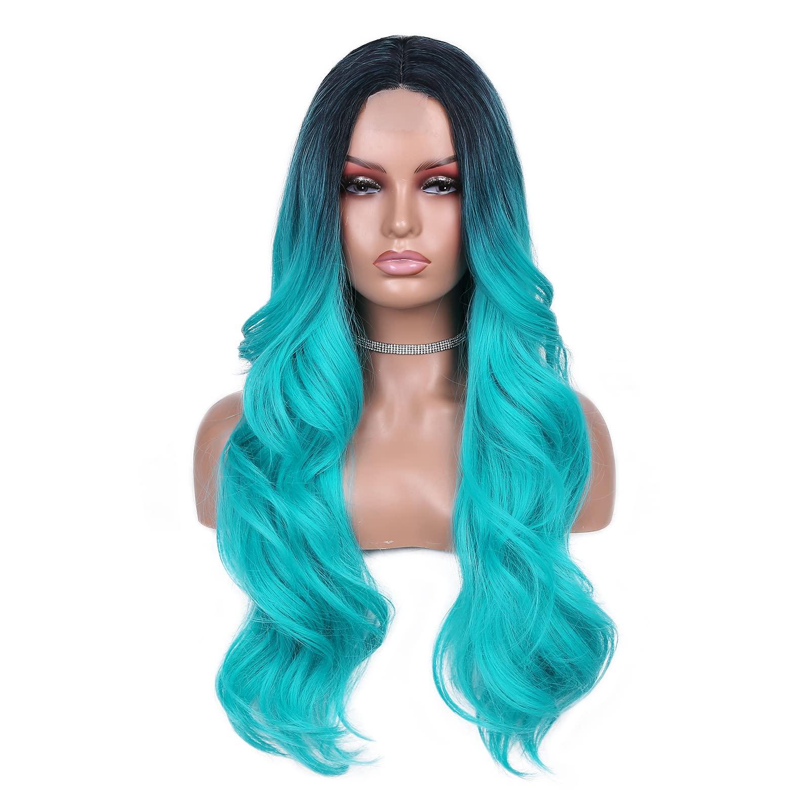 FAVE Ombre Bluish Green Wig Long Wavy Middle Part Wig Teal Blue Wig Heat Resistant Synthetic Hair Mermaid Wigs for Women Cosplay Party Wig(1B to Bluish Green) 1B to Bluish Green-Lace Part