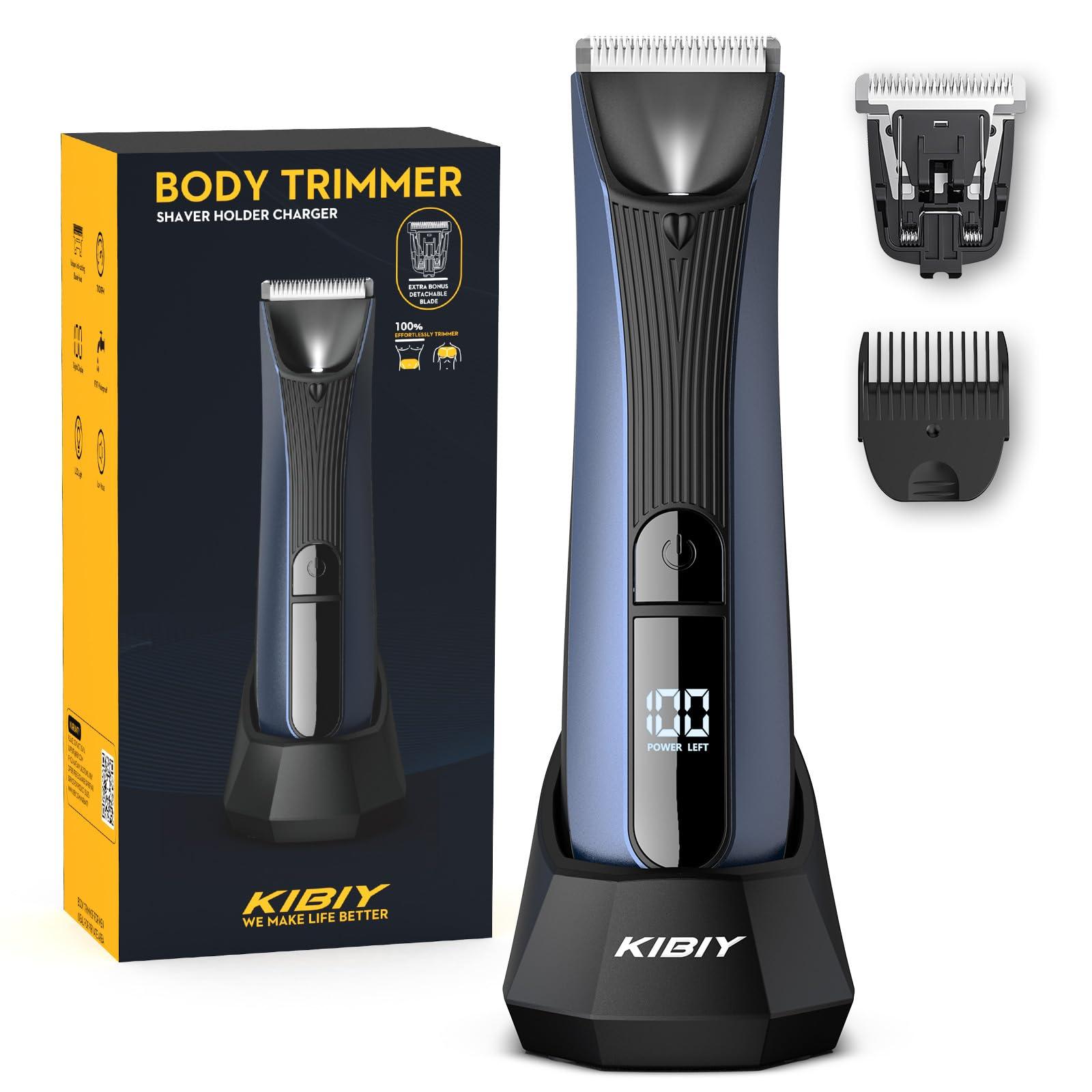 Intimate razor man Kibiy electrical body razor men with LED light & display IPX7 waterproof body hair trimmer with interchangeable anti-cut ceramic blade (blue body and two blades)