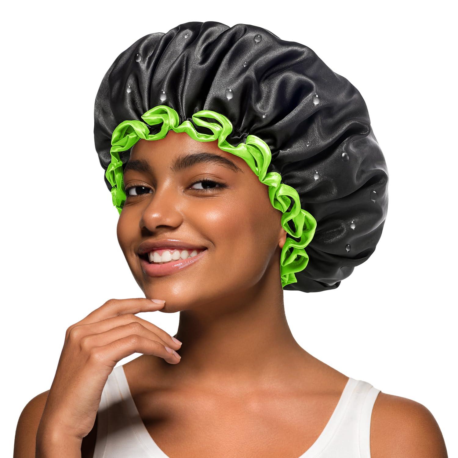 Mikimini black shower hood for women men and girls 2 packs reusable double-layer waterproof bathing shower hood with soft comfortable PEVA lining stretchy shower hood medium (2-pack) black+green