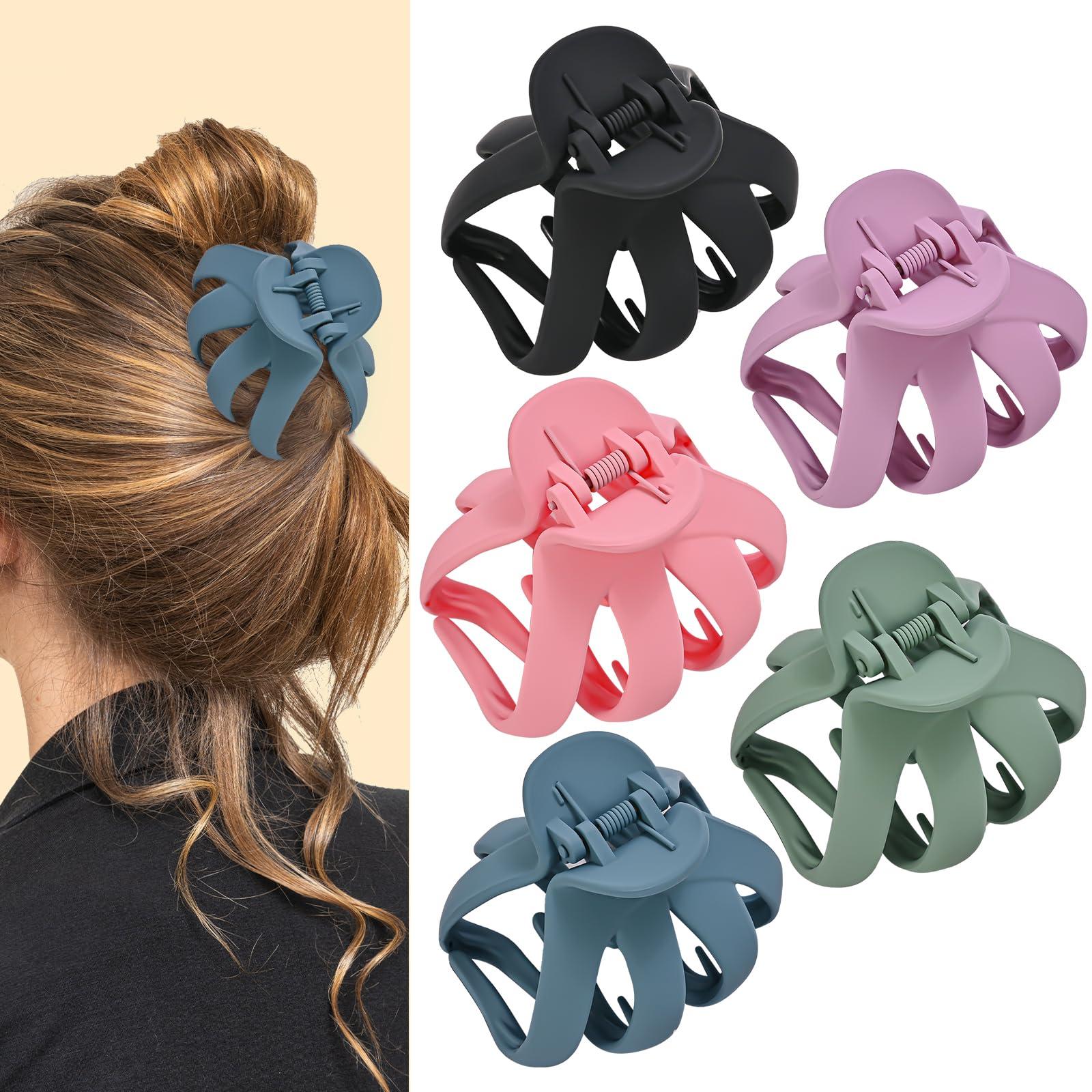 Lolalet Octopus Hair Claw Clips 5 Pack Non-slip Jaw Clips Medium Hair Clamps for Thick Curly Long Hair Wide Grip Hair Accessories for Women Girls -Style A Black/Pink/CornflowerBlue/Plum/CadetBlue